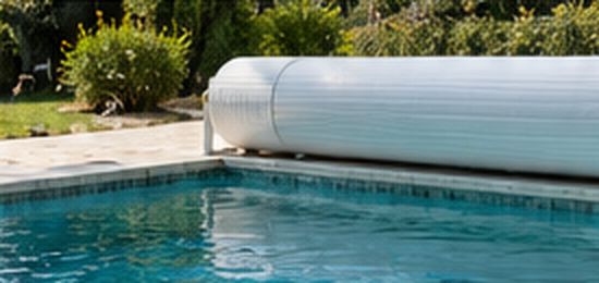 Piscine avec son volet roulant au printemps
